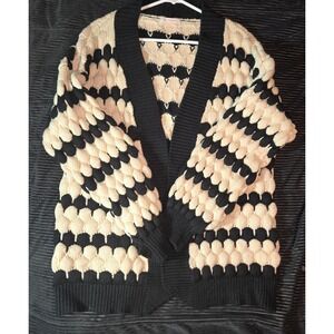 Kirundo LG Black Cream Popcorn Knit Open Front Cardigan Shawl Collar Sweater
